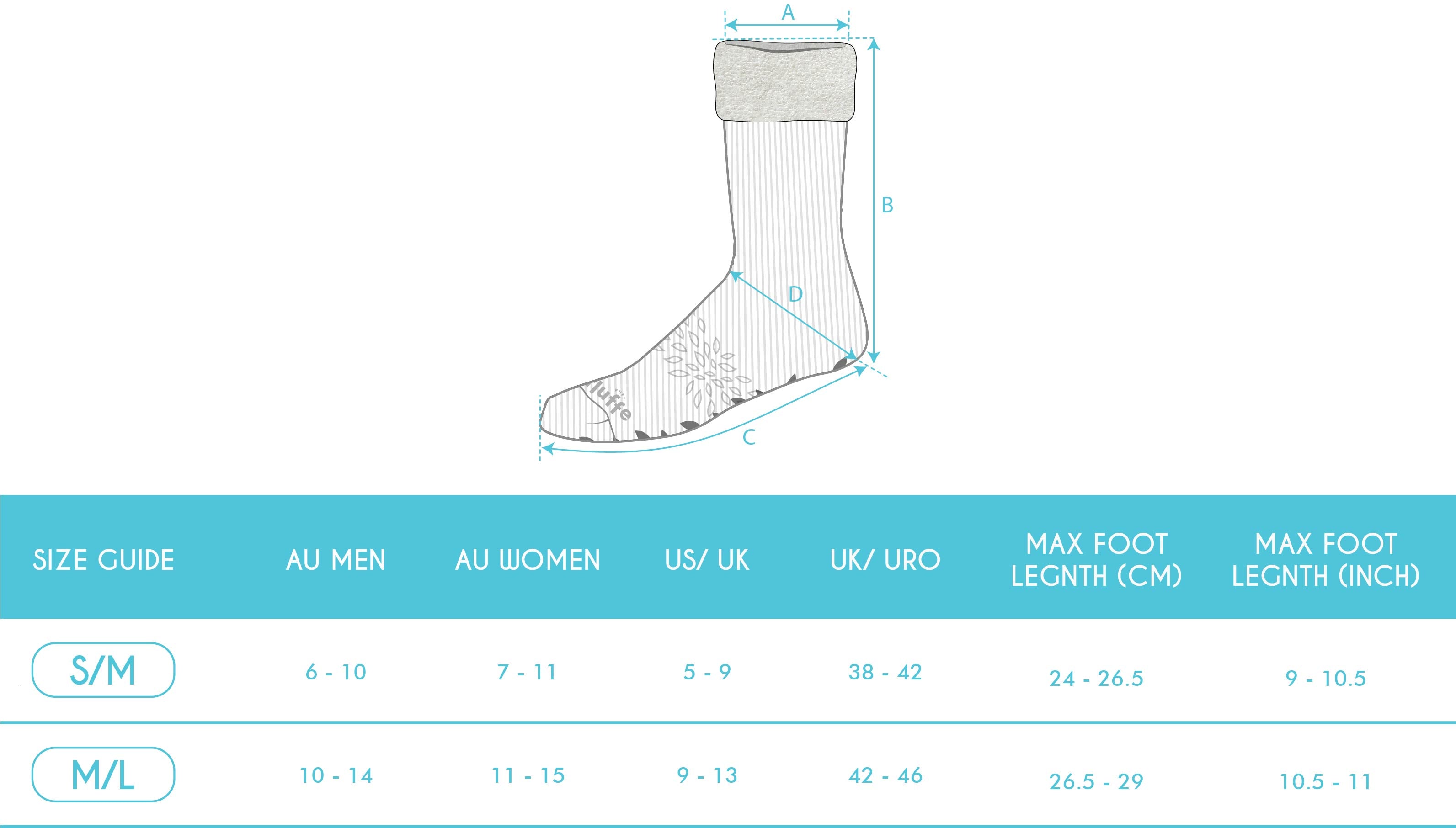 FLUFFE SOCK SIZE CHART ALL SIZES